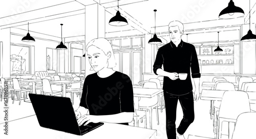 Business people working in modern office space with laptop and coffee cup vector illustration