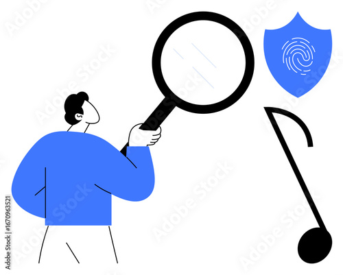 Person holding a magnifying glass, shield with fingerprint representing security, and abstract note. Ideal for data privacy, security awareness, forensic investigation, analysis, identity protection