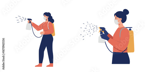 Vector of female character spraying mist, cleaning and hygiene illustration on transparent background, design for health visuals, public safety materials, web content