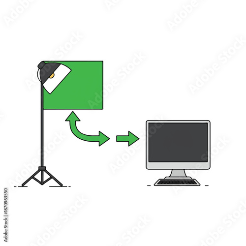 Modern 2D flat vector illustration portraying a data stream from a stylized greenscreen setup to a computer, featuring clean lines and solid colors.