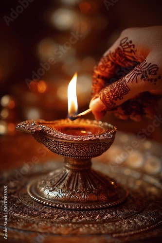 Traditional brass diya being lit with henna adorned hand in a warmly illuminated setting