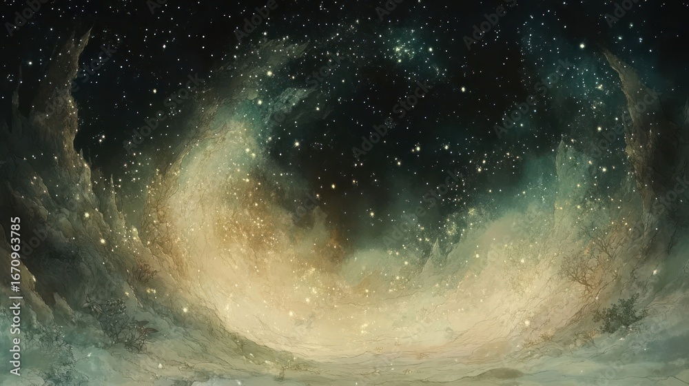 Fototapeta premium A cosmic scene depicting a starry night sky with swirling clouds and shimmering stars.