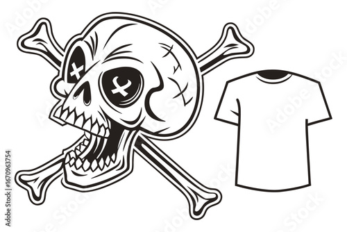 Skull silhouette in cap with crossed fishing rods and hooks on background - cut out vector emblem