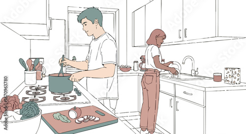 Couple cooking together in modern kitchen preparing meal with fresh ingredients and utensils