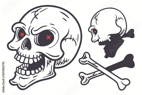 Skull silhouette in cap with crossed fishing rods and hooks on background - cut out vector emblem