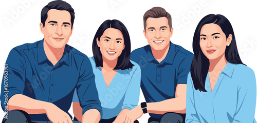 Group of four young adults smiling and posing together in casual blue shirts vector illustration