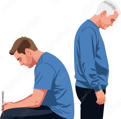 Two men showing sadness and disappointment in blue clothing sitting and standing facing opposite directions vector illustration