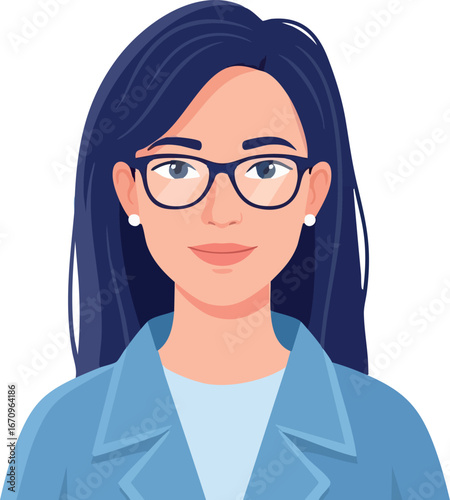 Professional woman with glasses wearing blue blazer and white shirt vector portrait illustration