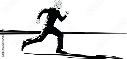Businessman running fast in black suit and shoes with briefcase in dynamic motion vector illustration