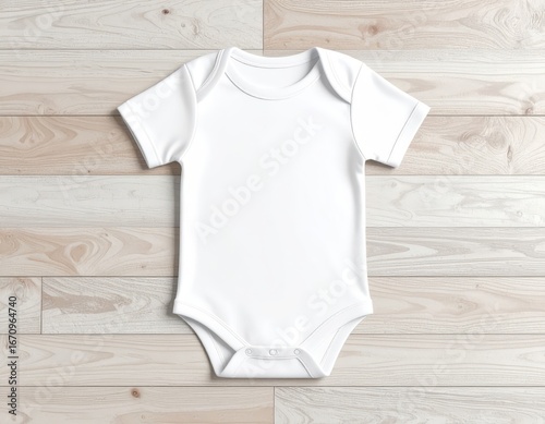 A white baby bodysuit lies flat on a light wood surface, showcasing its design and simplicity.
