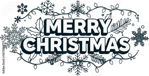 Merry Christmas decorative text with snowflakes and winter foliage festive vector design for holiday season greetings