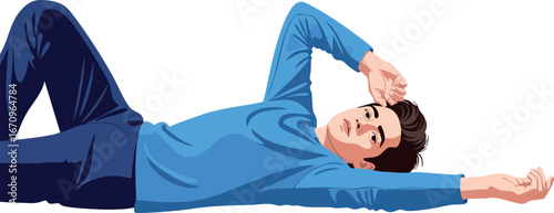 Man lying down stretching arms relaxed casual clothing blue tones vector illustration