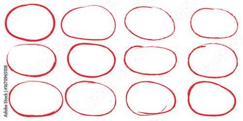 Hand drawn red crayon ovals and circles. Ellipses pencil doodle style set. Red round rough thin frames. Round freehand shapes, emphasis highlights. Ovals and circle with Vector ink . Eps 10. 