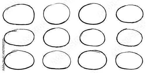 Hand drawn red crayon ovals and circles. Ellipses pencil doodle style set. Red round rough thin frames. Round freehand shapes, emphasis highlights. Ovals and circle with Vector ink . Eps 10. 