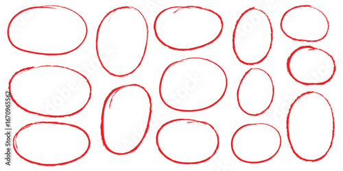 Hand drawn crayon ovals and circles. Ellipses pencil doodle style set. Red round rough thin frames. Round freehand shapes, emphasis highlights. Vector elements for hand drawn diagrams. Hand drawn oval