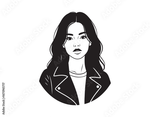 Gorgeous young lady's portrait, set apart. Amazing model rocking a stylish black jacket, illustrated as a silhouette. Vector flat art. Great for emblems, tags, logos, banners, etc.