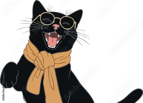 Black cat wearing glasses and scarf joyful expression vector illustration for pet lovers and animal design elements
