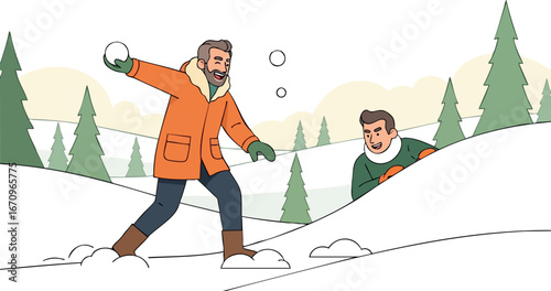 Winter snowball fight between father and son enjoying outdoor fun with pine trees in snowy landscape vector illustration