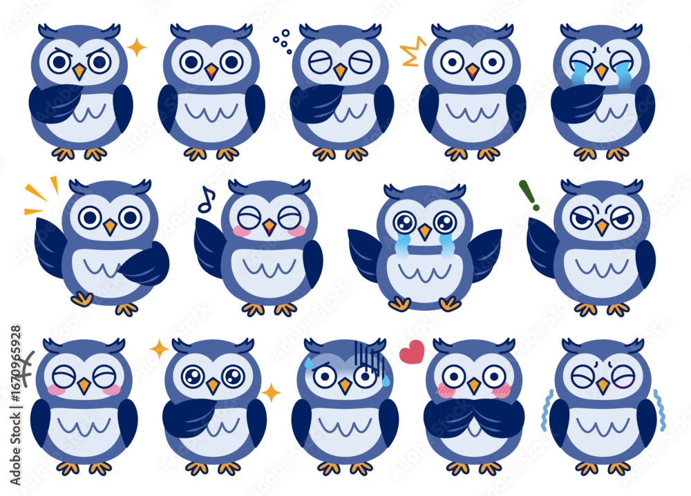 Fototapeta premium ミミズク_いろんな表情セット05（ブルー）
