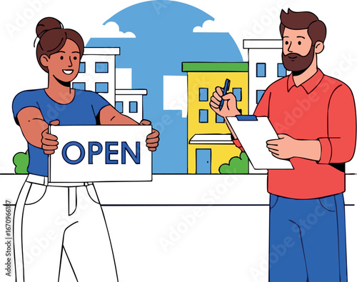 Small business owners opening store with sign and clipboard in urban neighborhood vector illustration