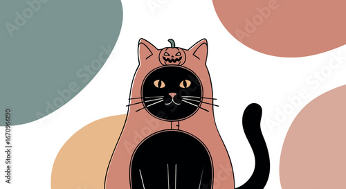 Black cat in pumpkin hat halloween costume with abstract colorful background vector illustration