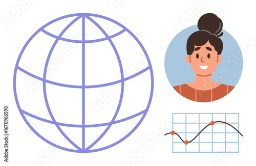 Globe representing global reach, smiling user profile, and line chart indicating data trends. Ideal for networking, analytics, communication, connection, diversity, remote collaboration education