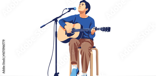 Male musician playing acoustic guitar and singing on stage with microphone in casual outfit vector illustration