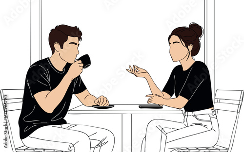 Young couple sitting at table drinking coffee and talking in casual clothing vector illustration