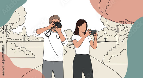 Young man and woman taking photos with cameras in outdoor park scene vector illustration