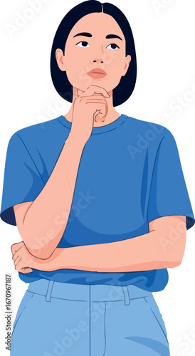 Thoughtful young woman wearing blue shirt and jeans pondering with hand on chin vector illustration