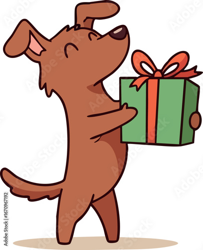 Brown dog holding green gift box with red bow cute animal present celebration vector illustration