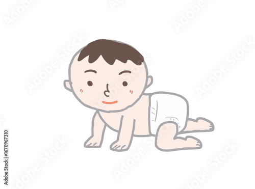 Illustration of a smiling, round-faced baby in a diaper, crawling on all fours