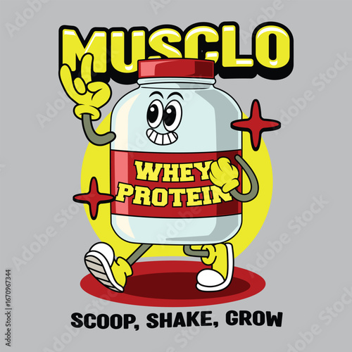 Cute cartoon whey protein character walking cheerfully with gloves, sneakers, and a happy face illustration