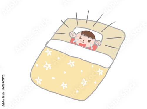 Illustration of a crying baby lying on a futon