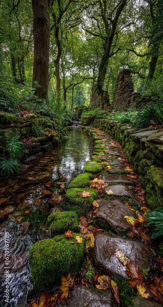 Fototapeta premium A mossy stone path winds through a tranquil woodland stream