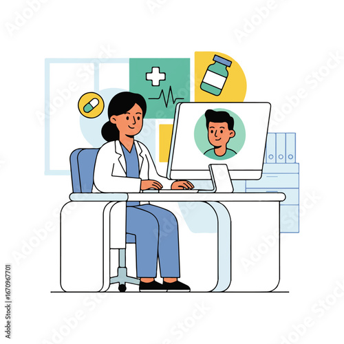 Doctor consulting patient online using computer for telehealth appointment in modern office setting