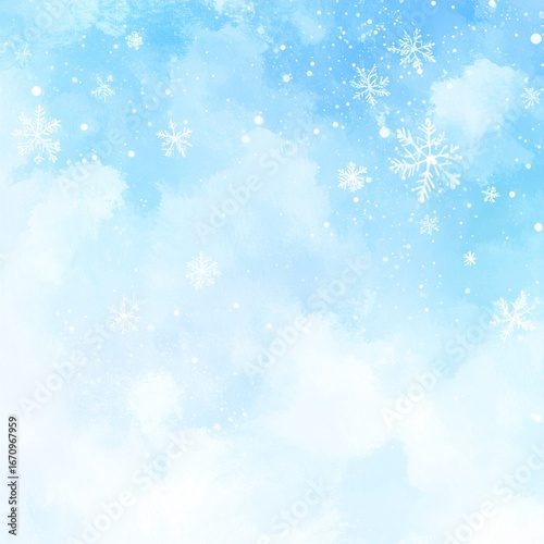 Watercolor Winter Sky Snowflakes and Soft Blue Hues Festive Holiday Background.