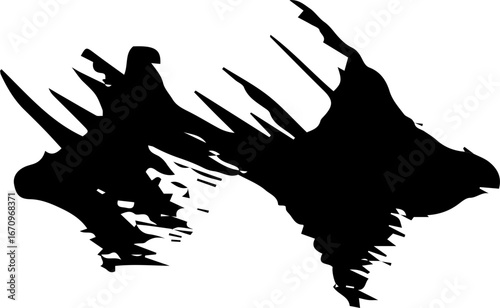 Black grunge abstract illustration silhouette with paint splatter effect isolated on white background. 