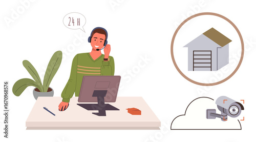 Customer service representative wearing a headset at desk, with symbols of cloud storage, security camera, and garage. Ideal for customer service, security, technology, support, remote access home