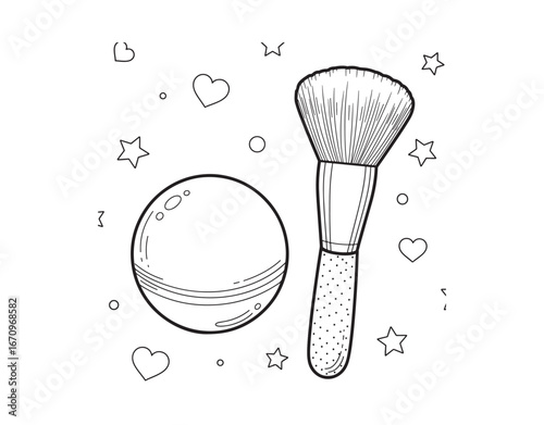 Blush ball and brush. A beauty coloring book. A coloring book for both kids and adults.