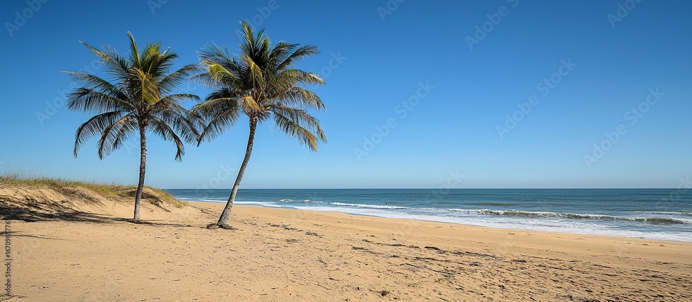 Obraz premium Tranquil beach scene with palm trees under a bright sky.