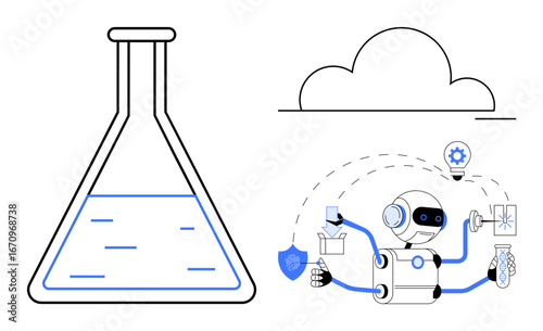 AI robot managing various scientific tools, concepts, and technology under a cloud. Ideal for automation, research, artificial intelligence, cloud solutions, innovation, future simple flat metaphor