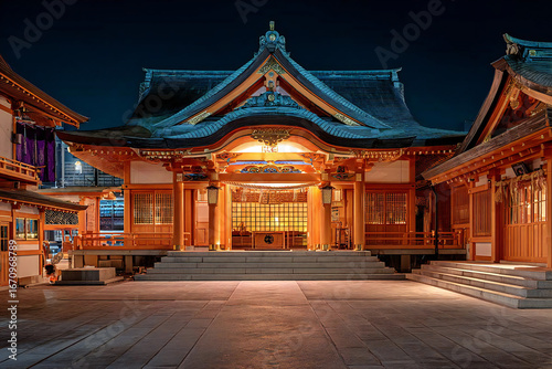 夜に照らされた伝統的な能舞台の風景