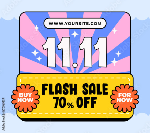 Vector banner design for 11.11 shopping festival flash sale promotion. The template features bold typography, discount announcement, and bright graphic elements for online shops, marketplaces
