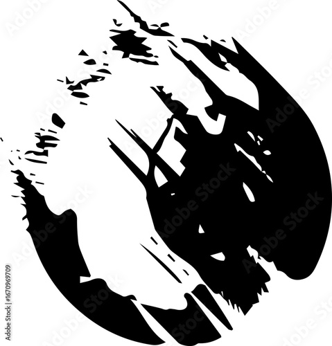 Black grunge abstract illustration silhouette with paint splatter effect isolated on white background. 