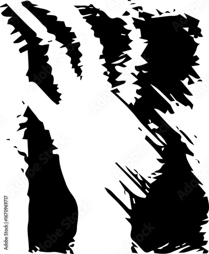 Black grunge abstract illustration silhouette with paint splatter effect isolated on white background. 