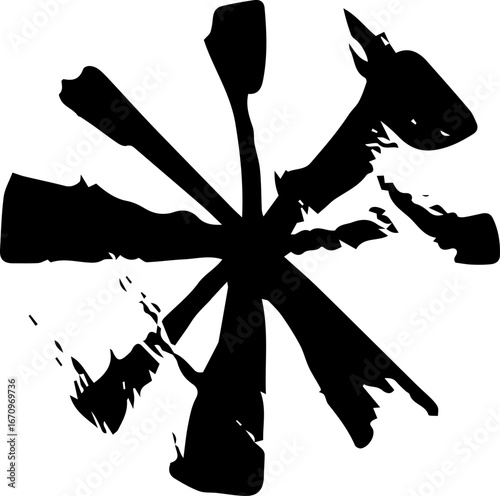 Black grunge abstract illustration silhouette with paint splatter effect isolated on white background. 