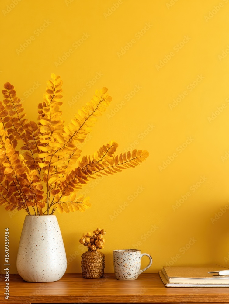 Fototapeta premium Bright Yellow Wall Decor Featuring Autumn Leaves in a Vase With Cozy Accessories on a Wooden Table in a Warm and Inviting Setting