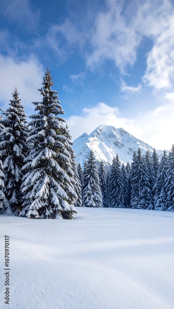 Fototapeta premium Snowy winter landscape with pine trees