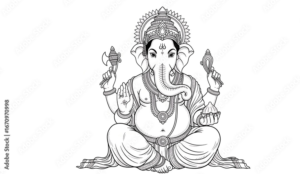 Obraz premium Detailed monochrome line art of Lord Ganesha seated in a blessing posture with lotus and ornate crown.
